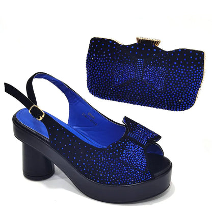 Silver Fashion Square Heels with Platform African Women Shoes and Bag Set Full Crystal Pumps for Wedding Party