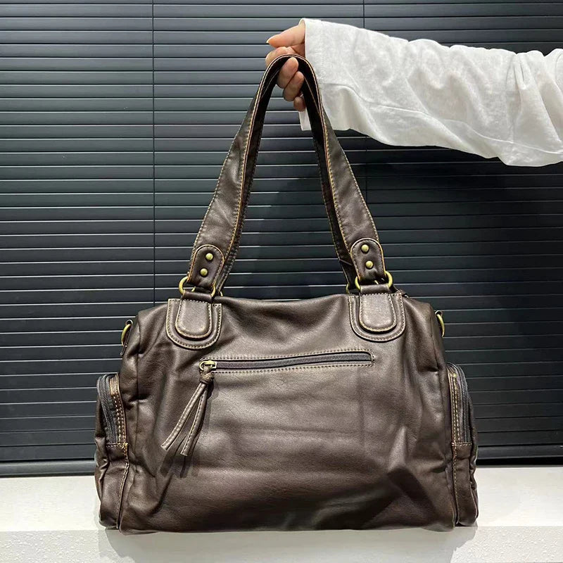Y2K Hot Women's Punk Biker Tote Bag Large Capacity PU Leather Crossbody Purse with Multi Pockets for Work Commute Moto Style