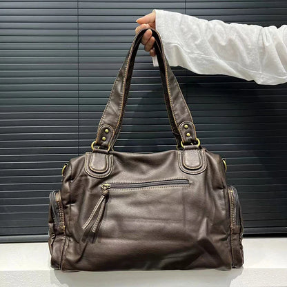 Y2K Hot Women's Punk Biker Tote Bag Large Capacity PU Leather Crossbody Purse with Multi Pockets for Work Commute Moto Style