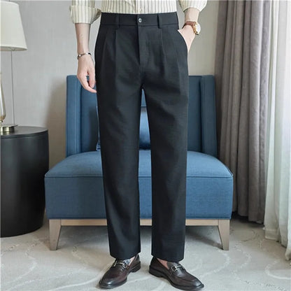Summer Lightweight Suit Pants Men Solid Color Straight Smart Casual Suit Trousers Mens Half Elastic Waist Full Length Pants