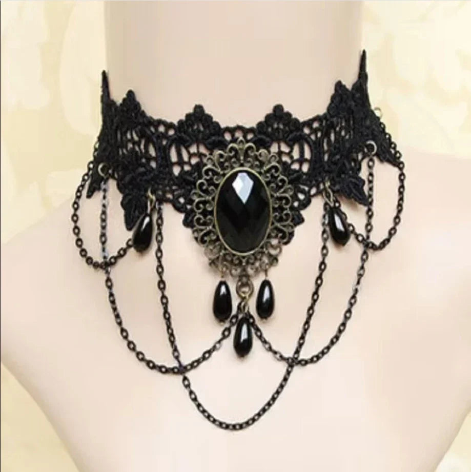 Gothic Victorian Black Lace Necklace Women Girl Boho Crystal Tassel Sexy Lace Choker Dark Loli Style Holiday Party Girl Jewelry