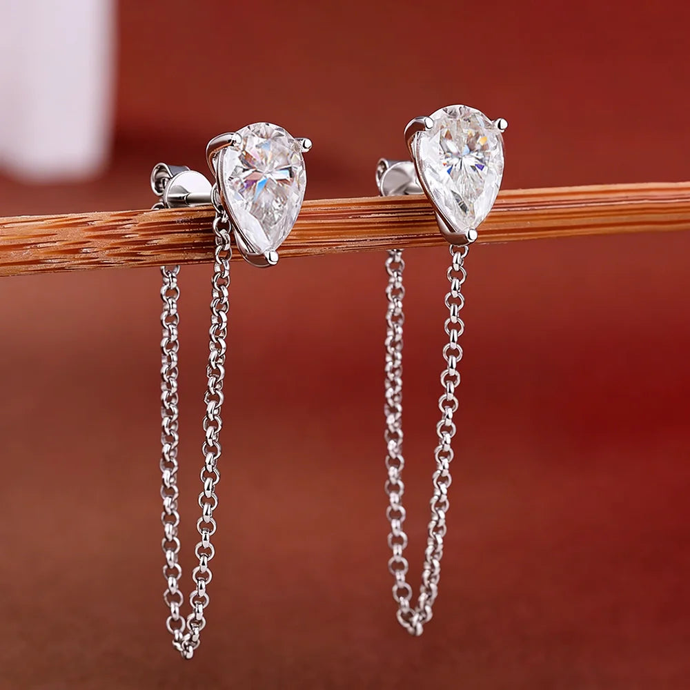 1-4carat Waterdrop Moissanite Chain Earrings for Women Pear Cut Solitaire Lab Diamond Stud/Drop Earring 925 Silver with GRA