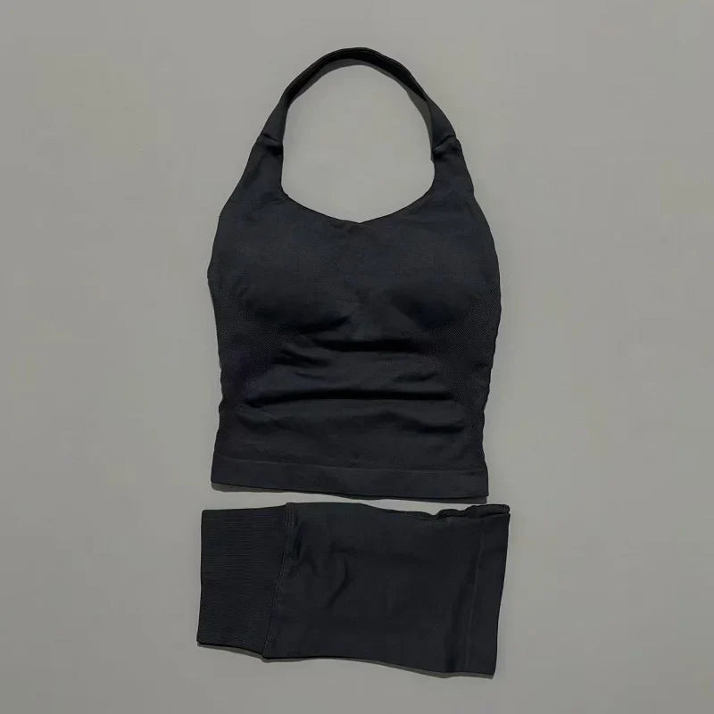 Women Seamless Gym Set 2Pcs Halter Neck Sports Crop Top High Waist Scrunch Butt Shorts Workout Fitness Yoga Tracksuit Sportswear