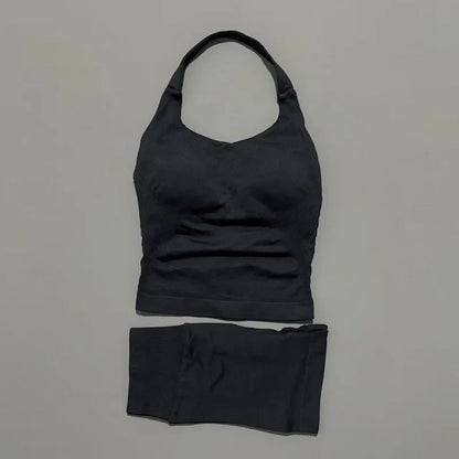 Women Seamless Gym Set 2Pcs Halter Neck Sports Crop Top High Waist Scrunch Butt Shorts Workout Fitness Yoga Tracksuit Sportswear