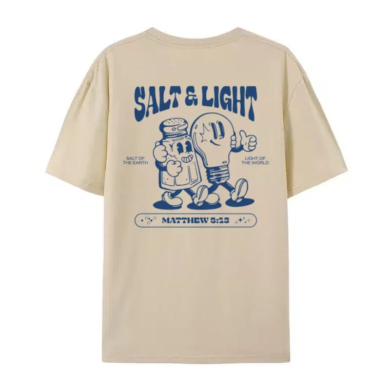 Salt Light Funny Bible Verse T-Shirts Back Print Retro Streetwear Graphic Tees Women Men Christian T Shirt Jesus Faith Top Gifts