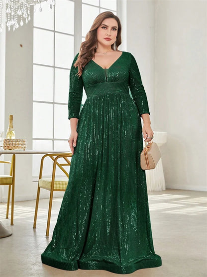 Plus Size Luxury V-Neck Long Sleeves Sequins Evening Dress For Women 2024 Wedding Party Prom Maxi Cocktail Bridesmaid Gowns