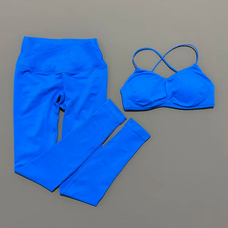2 Piece Vision Sports Set Summer New Yoga Clothes Women Tracksuit Athletic Cross Backless Yoga Top Leggings Pilates Fitness Set