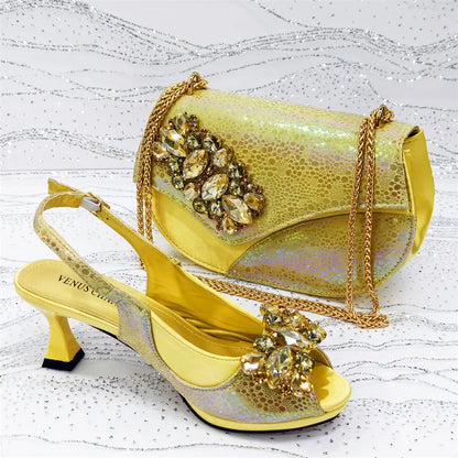 Rhinestone Design African Shoes & Bag Set in Green – Open Toe Comfortable Women's Heels