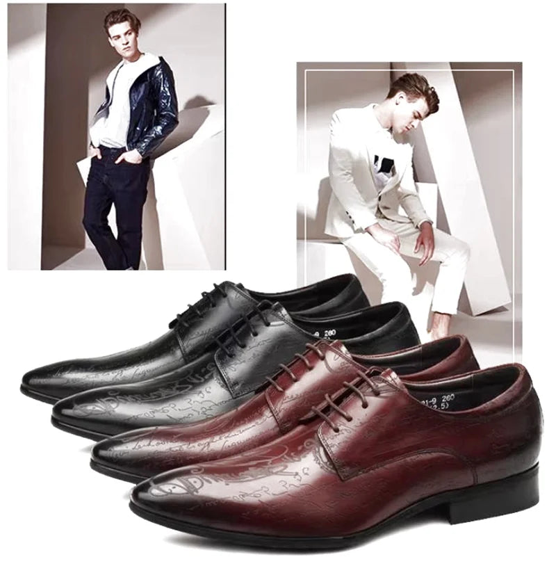 Stylish Letter-printed Men's Business Leather Shoes Korea Style Wedding Derby Shoes Lace-up Pointed Toe Dress Shoes Man Wine-red