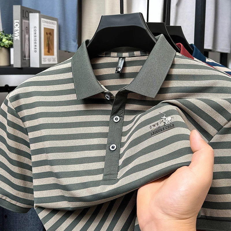 Summer High End Man Polo Shirt Striped Lapel Short Sleeve Horse Lette Print New Breathable T-Shirt Classic Commuter Menswear Top