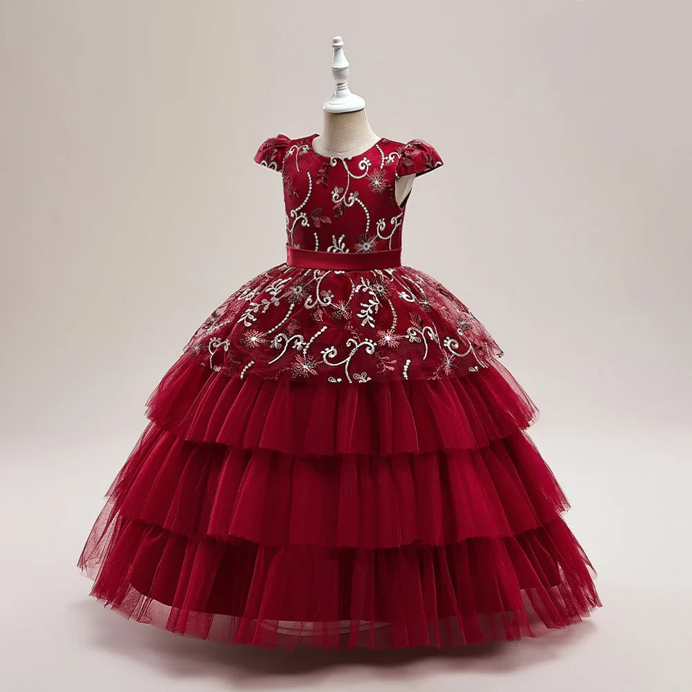 Vestidos de Festa para Meninas Daminhas de Flores de Verão Vestido Elegante de Tule para Casamento Princesa Formatura Vestido Infantil para Menina com Laço para Aniversário e Noite