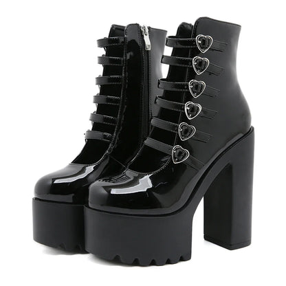 Block Heels Pumps for Women Fashion Multi Buckle Strap Heart Design Dress Shoes Side Zipper High Heels Mary Jane Shoes
