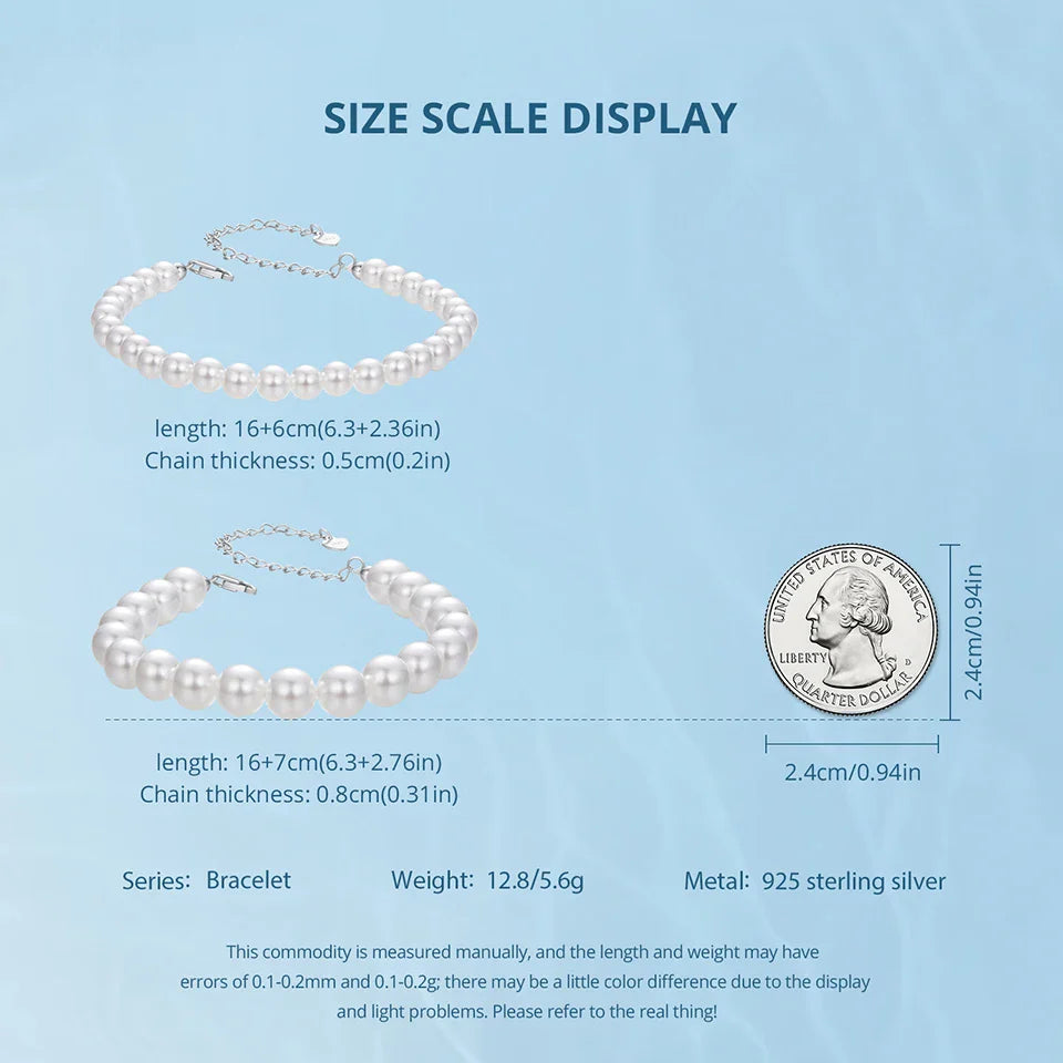 White Pearl Bracelets for Women, 925 Silver Adjustable Clasp Chain Faux Pearl Beaded Bracelets Bridal Wedding Jewelry