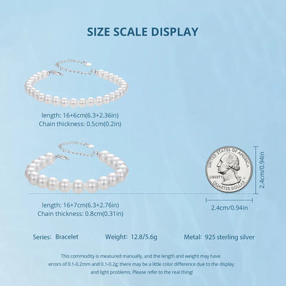 White Pearl Bracelets for Women, 925 Silver Adjustable Clasp Chain Faux Pearl Beaded Bracelets Bridal Wedding Jewelry