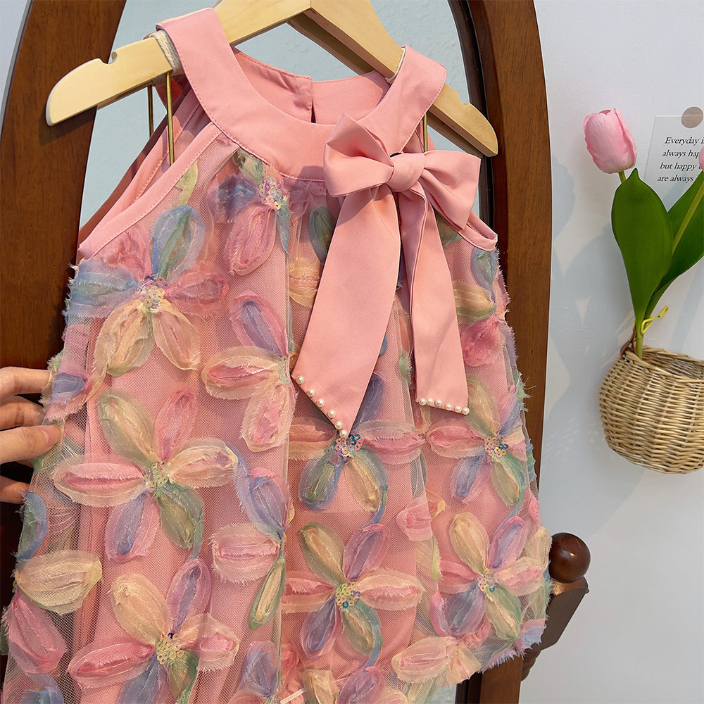 Girl Dress 2025 Summer New Girl Dress Princess Dress Little Girl Fashion Colorful Flower Yarn Dresses Kid Clothes