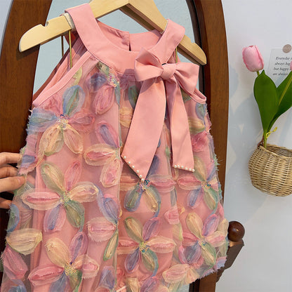 Girl Dress 2025 Summer New Girl Dress Princess Dress Little Girl Fashion Colorful Flower Yarn Dresses Kid Clothes