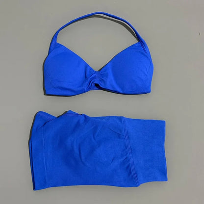 No Logo 2 Piece Impacts Gym Set Women Seamless Yoga Strappy Bra Workout Scrunch Sports Low Waist Shorts Sport Set