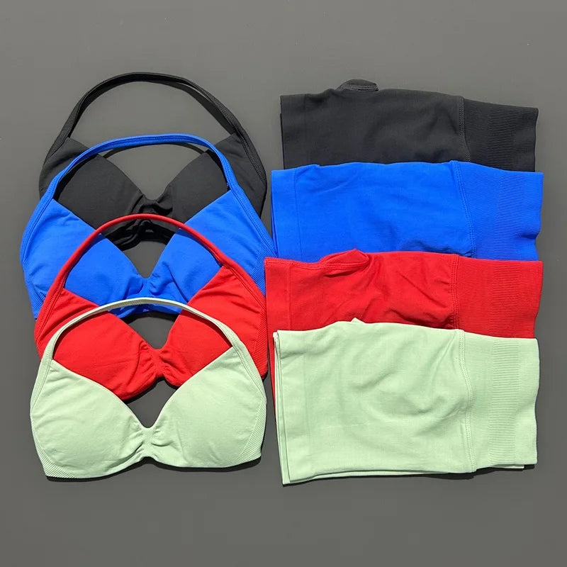 No Logo 2 Piece Impacts Gym Set Women Seamless Yoga Strappy Bra Workout Scrunch Sports Low Waist Shorts Sport Set