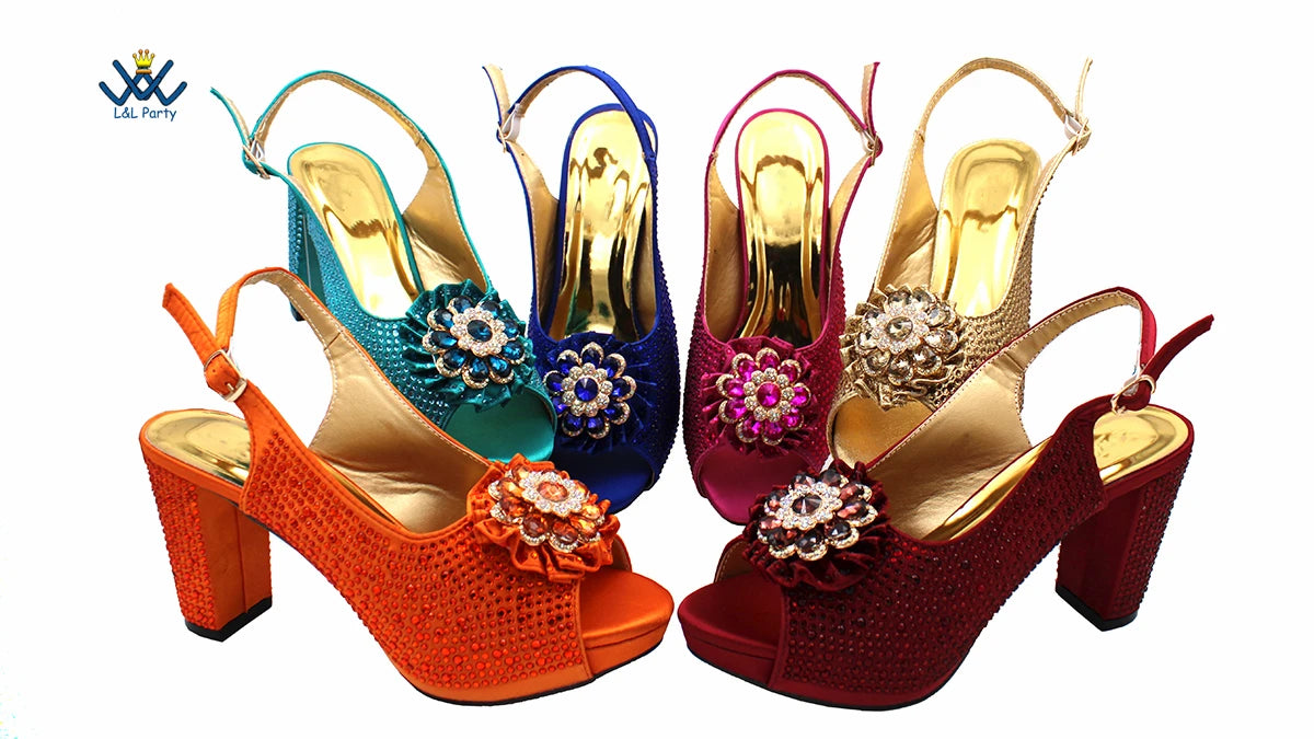 Special Design Women Crystal Style African Ladies Party Shoes Matching Bag in Magenta Color