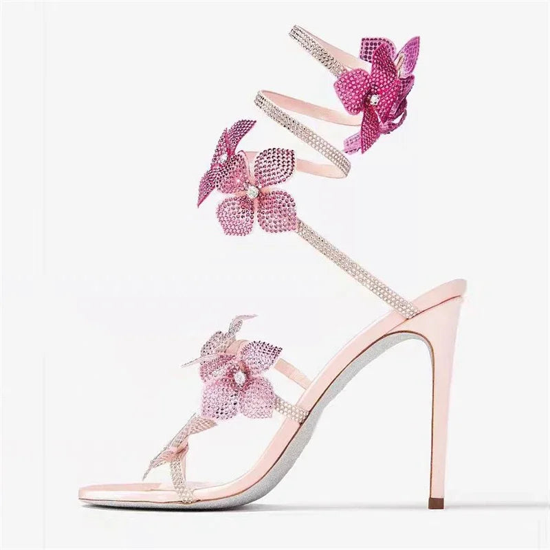 Luxury Designer Pink Flower Rhinestone High Heels Sandals Shoe Sexy Wrap Strap Open Toe Stripper Prom Party Ladies Shoes