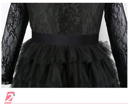 Halloween Witch Elphaba Costume Kids Purim Fantasy Outfits Girls Fancy Sets Children Long Sleeve Lace Ruffles Black Party Gown