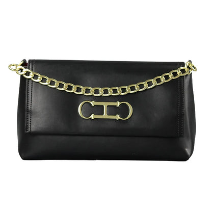 Elegant Black Leather Women Shoulder Bag Metal Logo Flap Handbag Chain Strap Office Commute Daily Casual