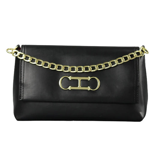 Elegant Black Leather Women Shoulder Bag Metal Logo Flap Handbag Chain Strap Office Commute Daily Casual