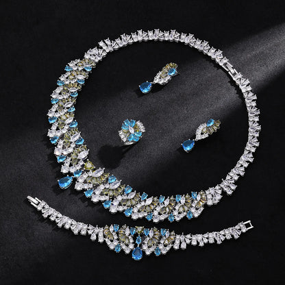 Luxury 4 Pieces Necklace Earrings Set Big Colorful CZ Zircon Wedding Bridal Jewelry Set Dubai Women Gift