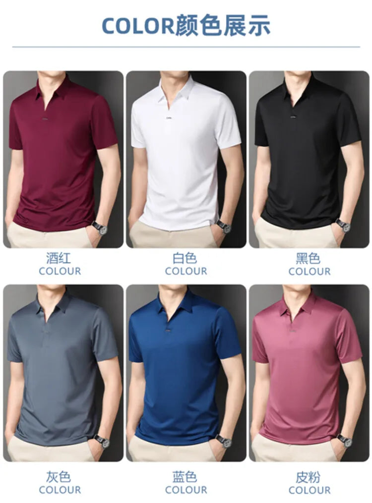 2024 High-quality Elastic Stretch POLO, Business Casual Men's Short-sleeved Shirt, Seamless V-neck M-4XL Men's Polo Shirt