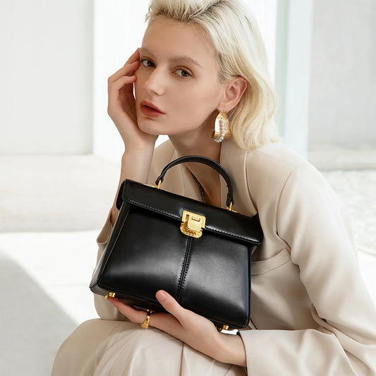 Genuine Leather Handbag with Scarf | Luxury Designer Trendy Shoulder Bag Solid Color Commuting Bag | bags for women gift