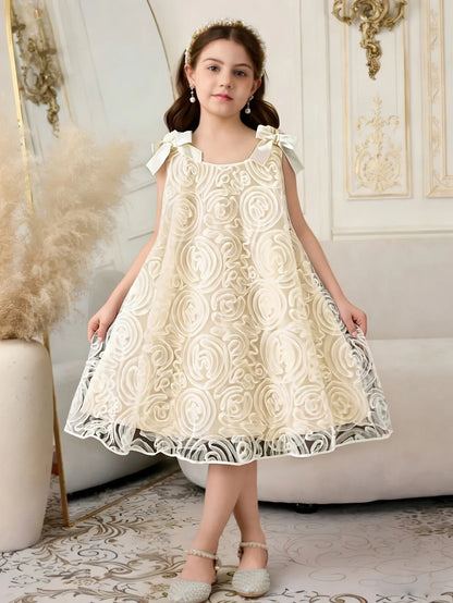 Girls' summer romantic and elegant butterfly knot sleeveless dress with sweet temperament, rose mesh princess dress
