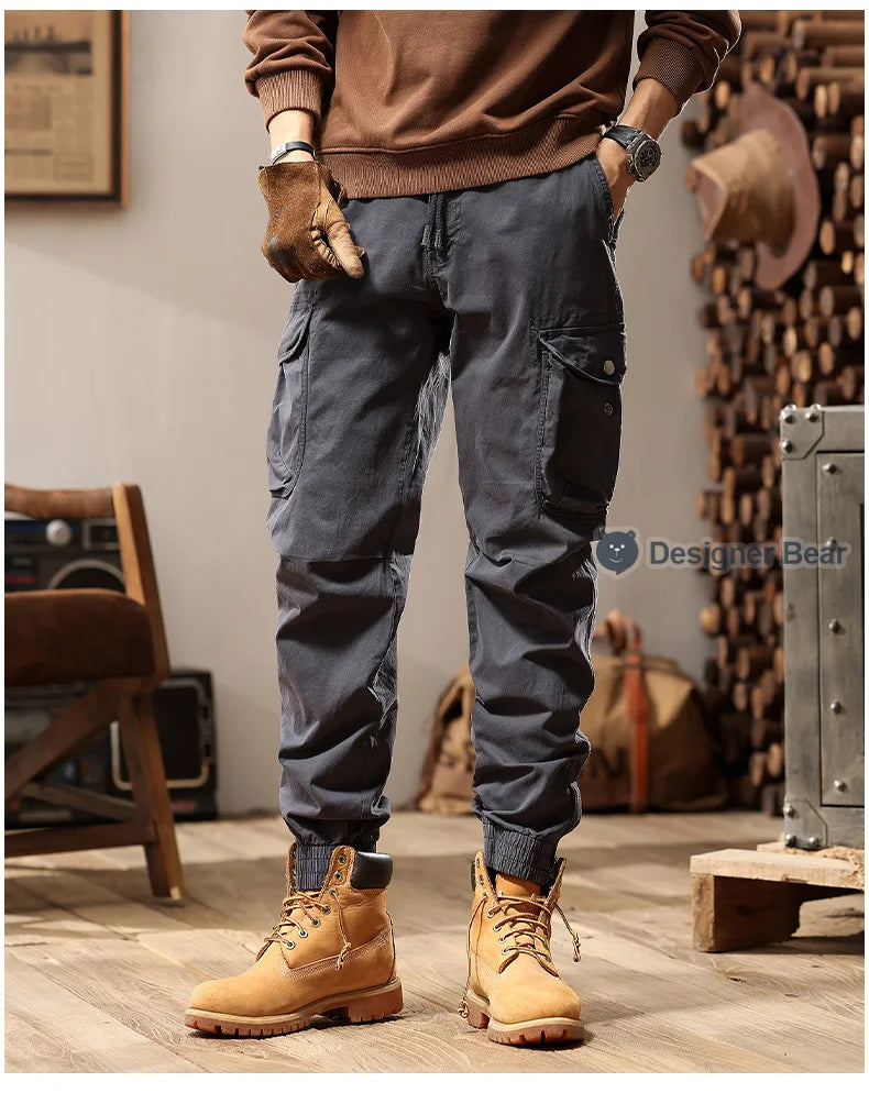 Brand Clothing 2026 Spring Summer Men's Baggy Cargo Pants Multi-Pocket Work Joggers Casual Cotton Tapered Trousers Long Pants