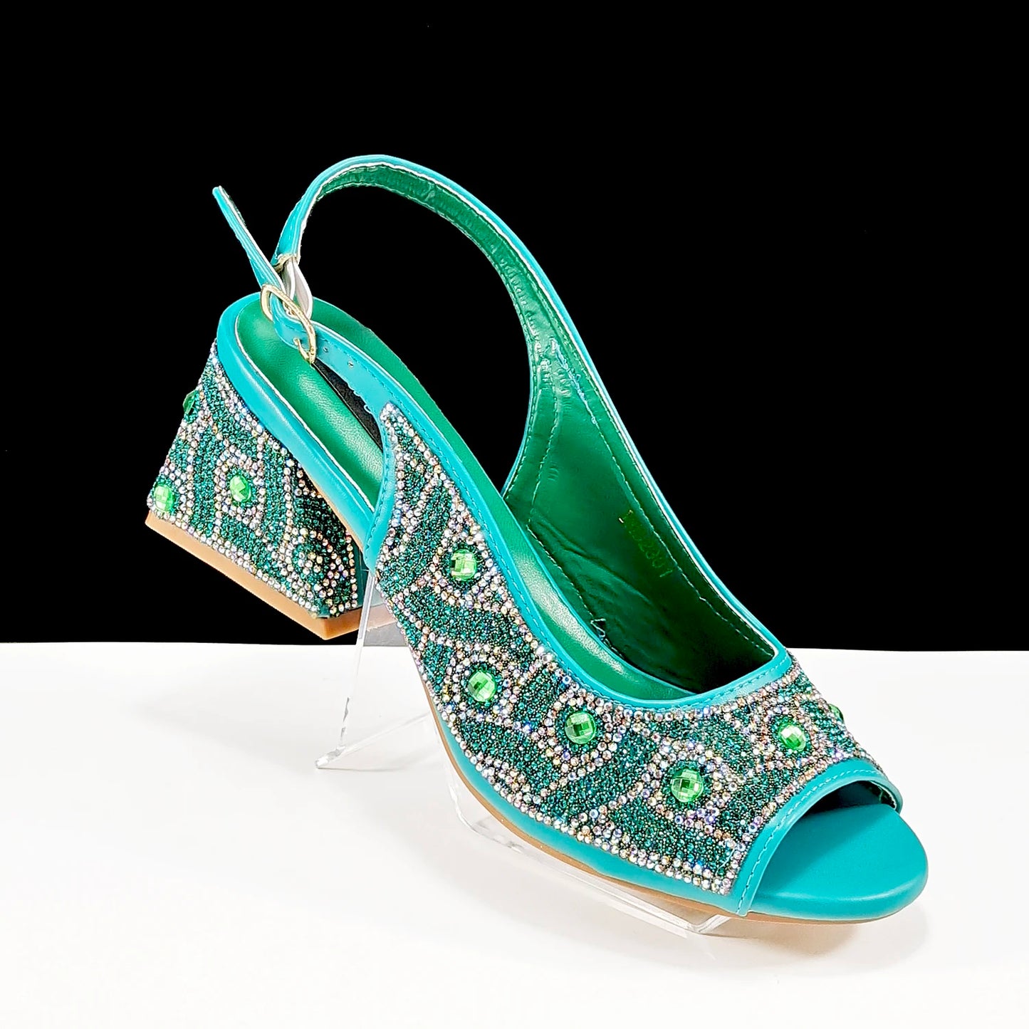 Q Rhinestone Design INS Hot Sale New Arrivals African Shoes and Bag Set in Green Color Open Toe Comfortable Women Heels