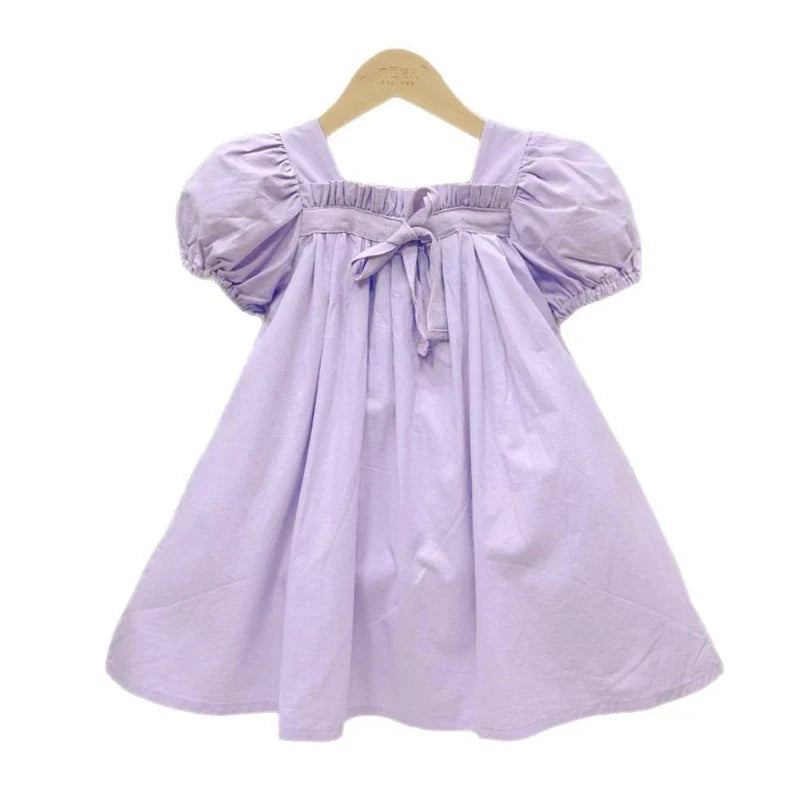 Summer Doll Skirt Girl Baby Bow Bubble Sleeve Princess Dress Floral Square Neck Dress