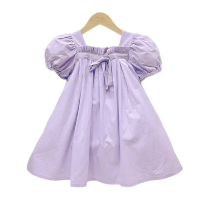 Summer Doll Skirt Girl Baby Bow Bubble Sleeve Princess Dress Floral Square Neck Dress