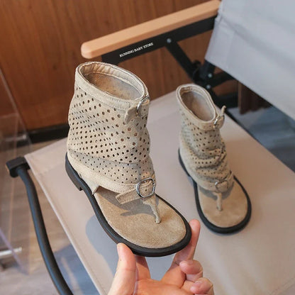 Ankle-strap Summer Slouchy Boots for Girls Suede Leather High-top Sandals Princess Cut-outs Flip Flop Dress Shoes Child J03203