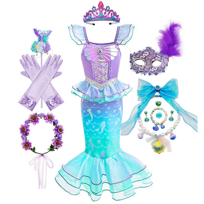 Ariel Cosplay Princess Costume Kids Cartoon Printed Dress Girls Halloween Children Carnival Birthday Party Clothes