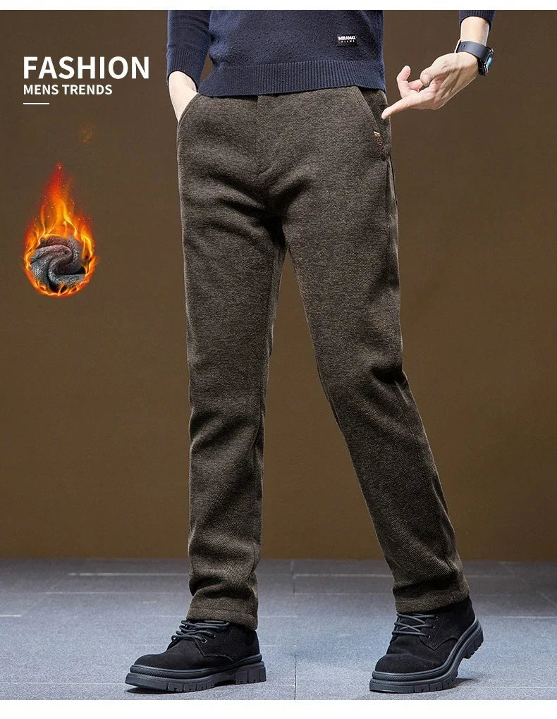 Men's Winter Casual Pants Thick Fleece Warm Elastic Waist Straight Slim Trousers Light Business Comfort Daily Wear Thermal Pants