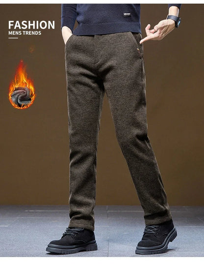 Men's Winter Casual Pants Thick Fleece Warm Elastic Waist Straight Slim Trousers Light Business Comfort Daily Wear Thermal Pants
