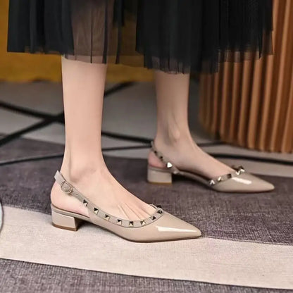 High-quality fashionable high-heeled shoes. Women's retro rivet pointed-toe patent leather casual comfortable office sandals