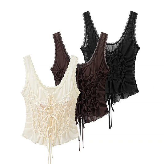 Women Fashion Solid Pleated Lace Up Slim Fitting Camis Vintage Straps V-Neck Female Chic Lady Tank Tops