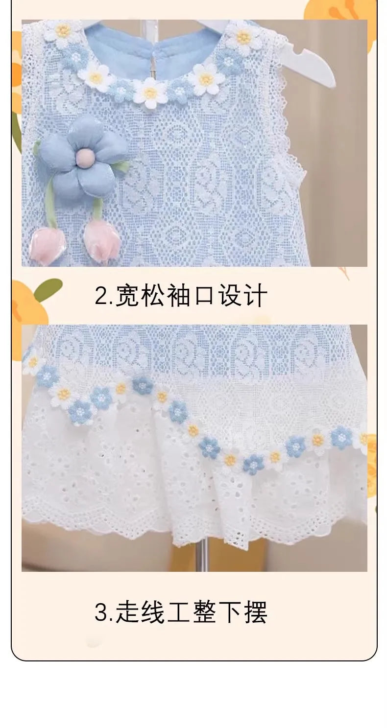 Girls' Dress Summer New Style Children's Fashionable Lace Princess Dress Little Girl Sweet Floral Vest Dress