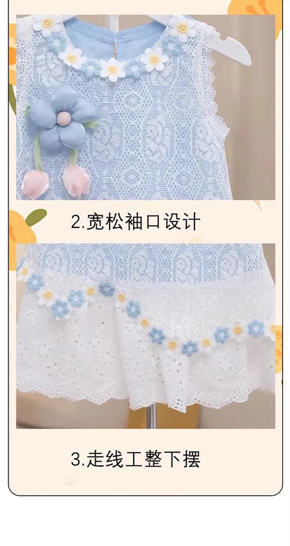 Girls' Dress Summer New Style Children's Fashionable Lace Princess Dress Little Girl Sweet Floral Vest Dress