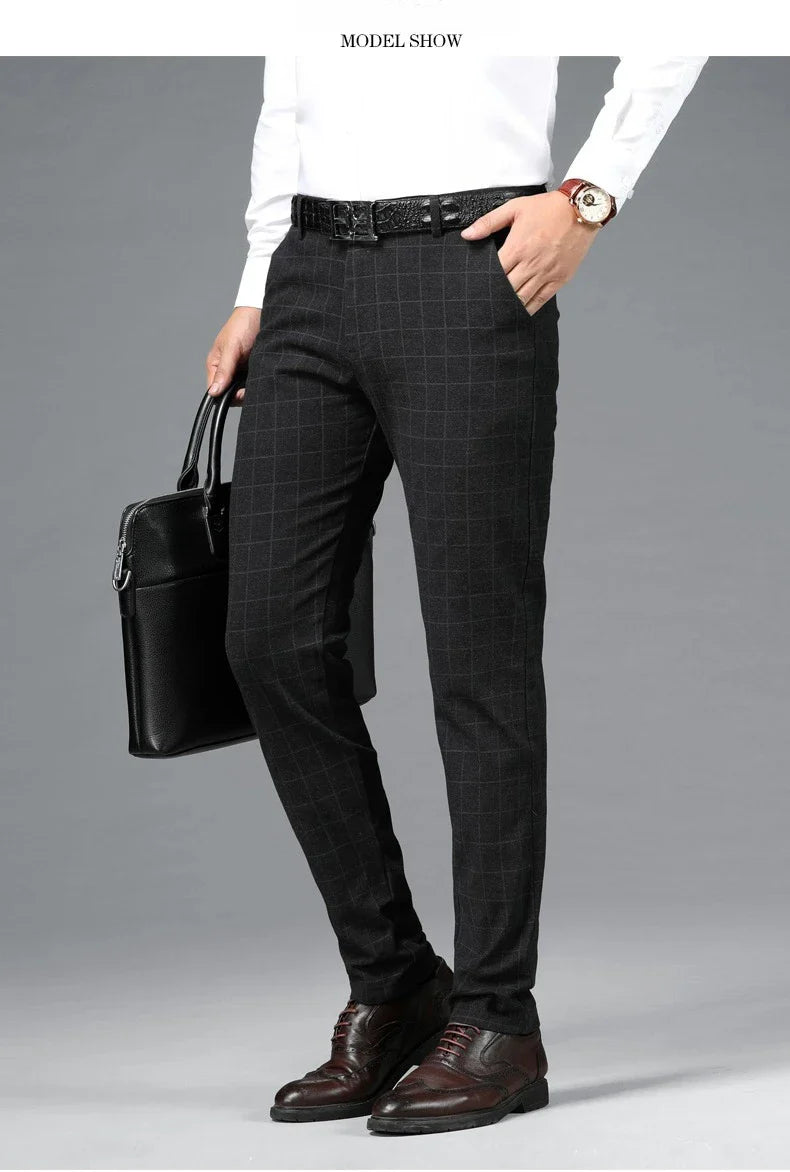 Spring Summer Business Men's Casual Pants Fashion Grid Design Versatile Comfortable Slim Straight Legs Elastic Male Trousers