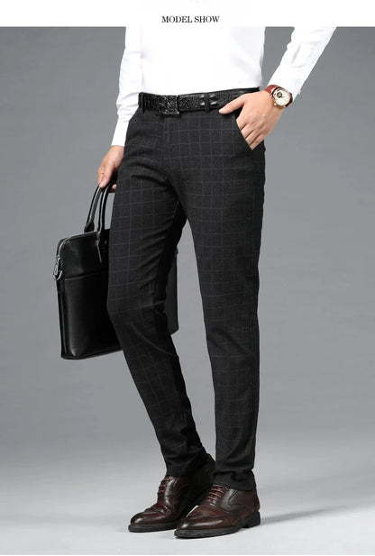 Spring Summer Business Men's Casual Pants Fashion Grid Design Versatile Comfortable Slim Straight Legs Elastic Male Trousers