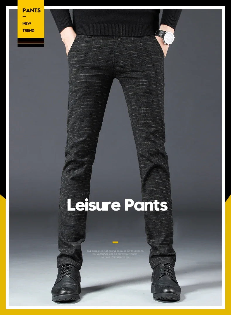 Spring Autumn New Men's Plaid Pants Black Blue Business Casual Formal Fashion Korean Classic Male Clothes Straight Trousers