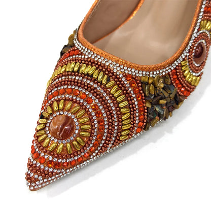 2025 Moda Mais Recente Chegada Laranja Ponta Fina Sandálias Femininas Sapatos com Bolsa Conjunto para Senhoras Festa de Casamento Salto