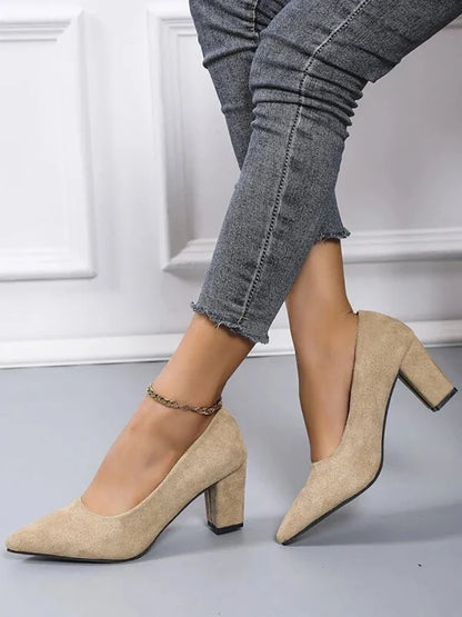 2025 New 7cm Chunky Heels Women Pumps Shoes Students And Mom Beige Suede Wedding Party Leisure Square Heels Plus Size