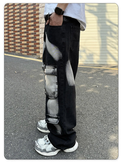 2026 Spring Summer Men's Black Straight Leg Workwear Jeans With Multiple Pockets High Street Style Splashed Ink Male Denim Pants