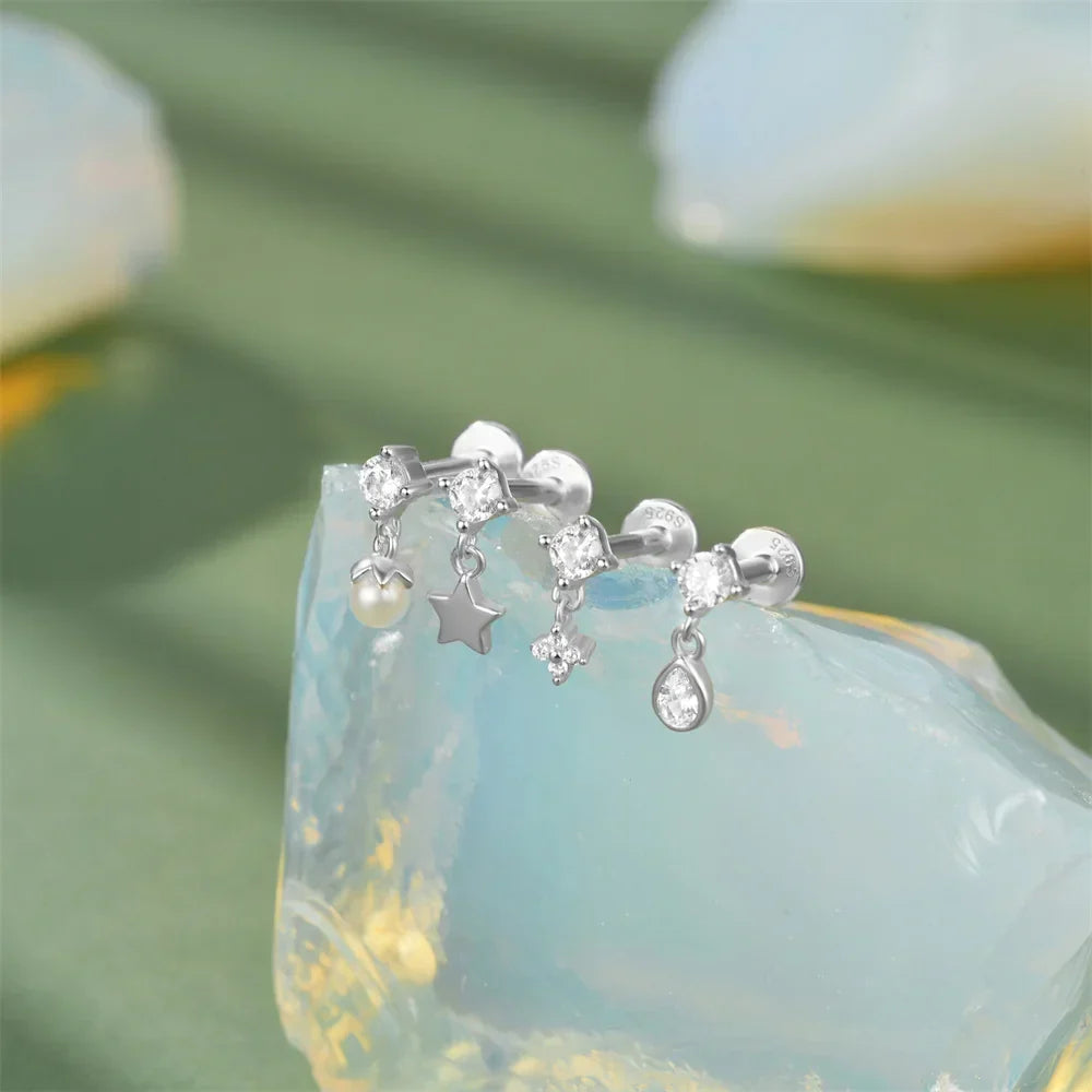 925 Sterling Silver Star/Flower/Pearl Zircon Dangle Earrings For Women 1pc Simple Earrings For Women Girl Wedding Gift